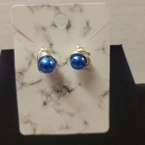 Silver and Blue Faux Pearl Post Earrings